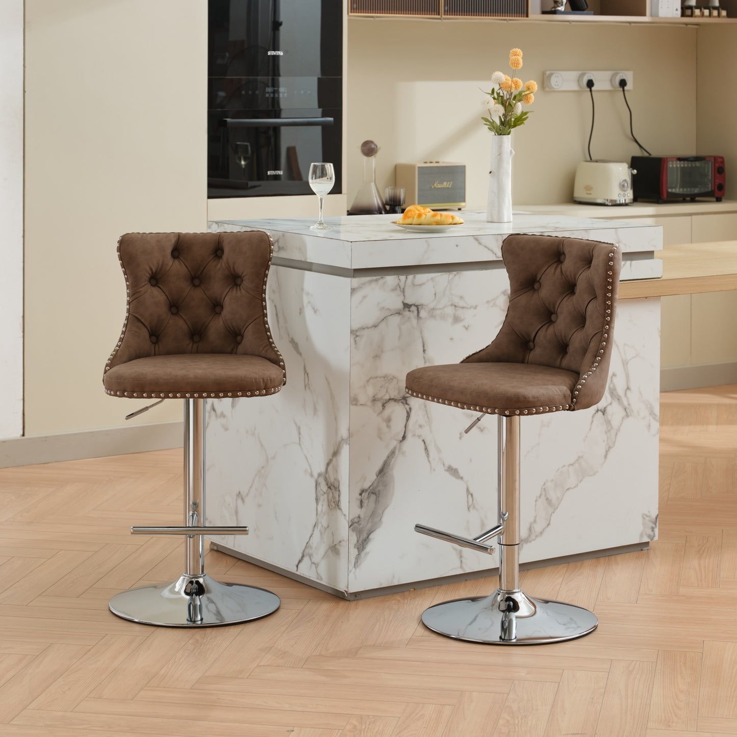 Kit PU Leather Adjustable Height Bar Stools Set of 2 Brown