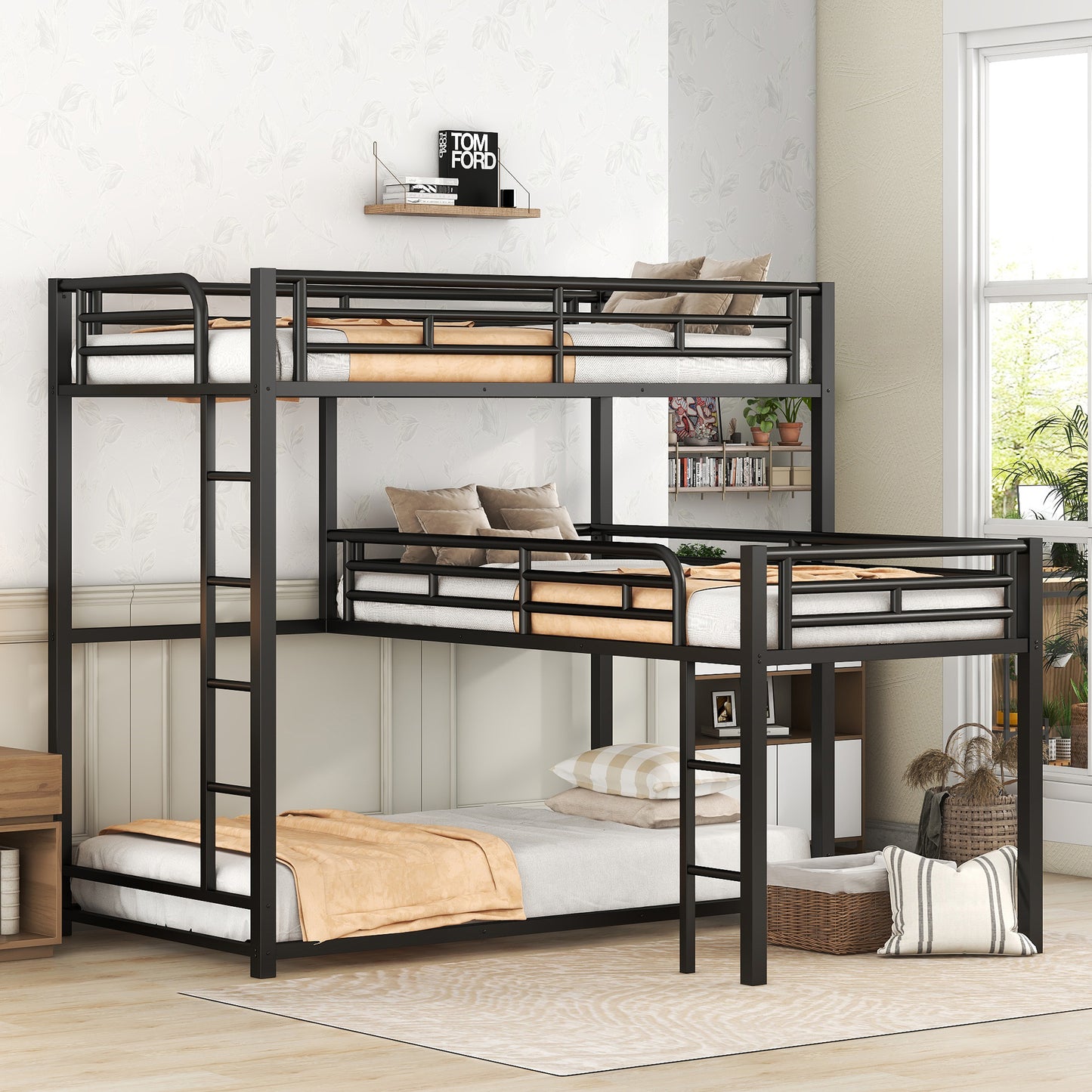 Brooks L-shaped Metal Triple Twin Size Bunk Bed, Black