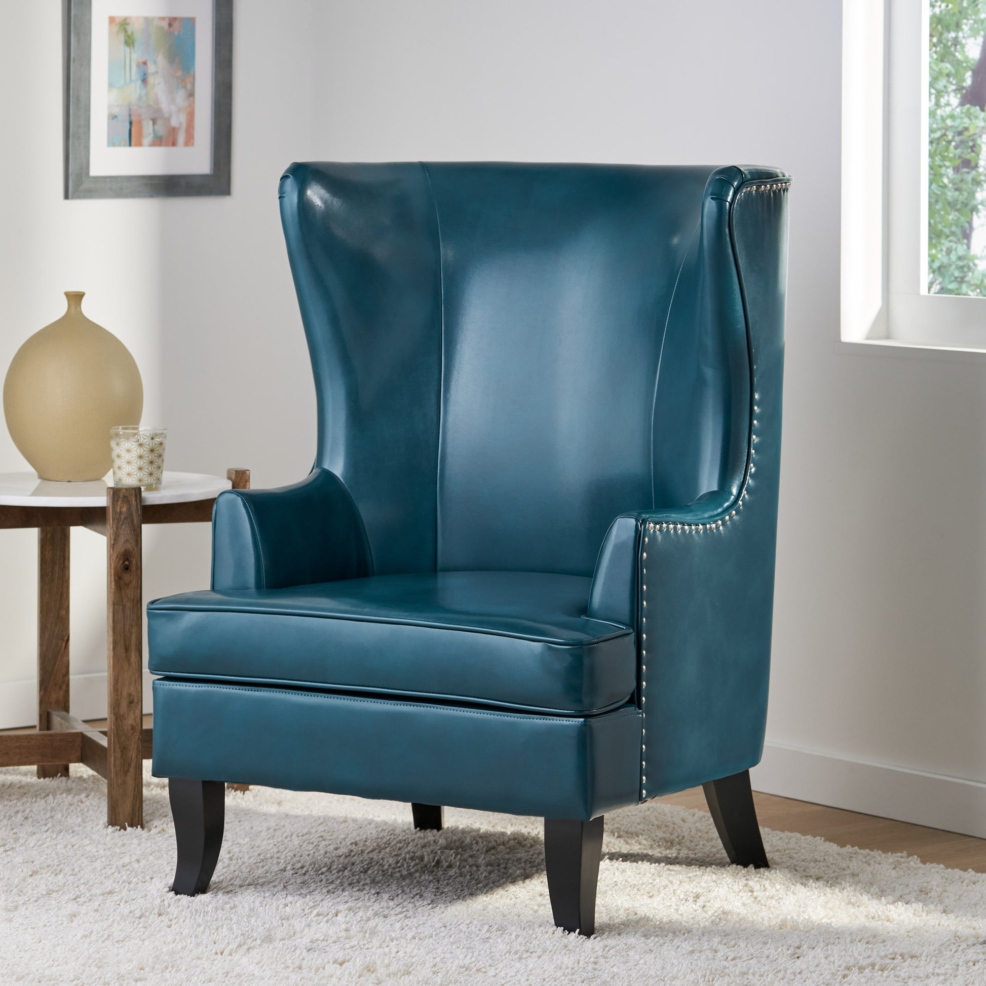 Canterbury Modern Leather High Back Chair with Silver Nailhead, Teal