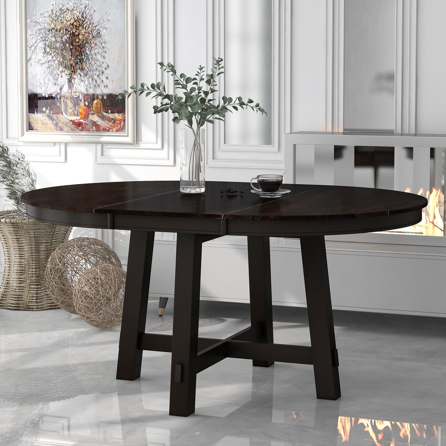 Blyssa Farmhouse Round Extendable Dining Table with 16" Leaf Wood Kitchen Table Espresso