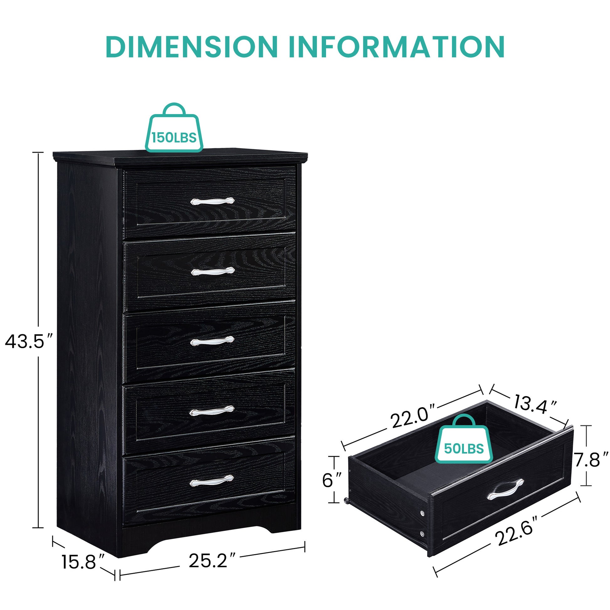 Carla Modern 5-Drawer Chest with Silver Handles, Black