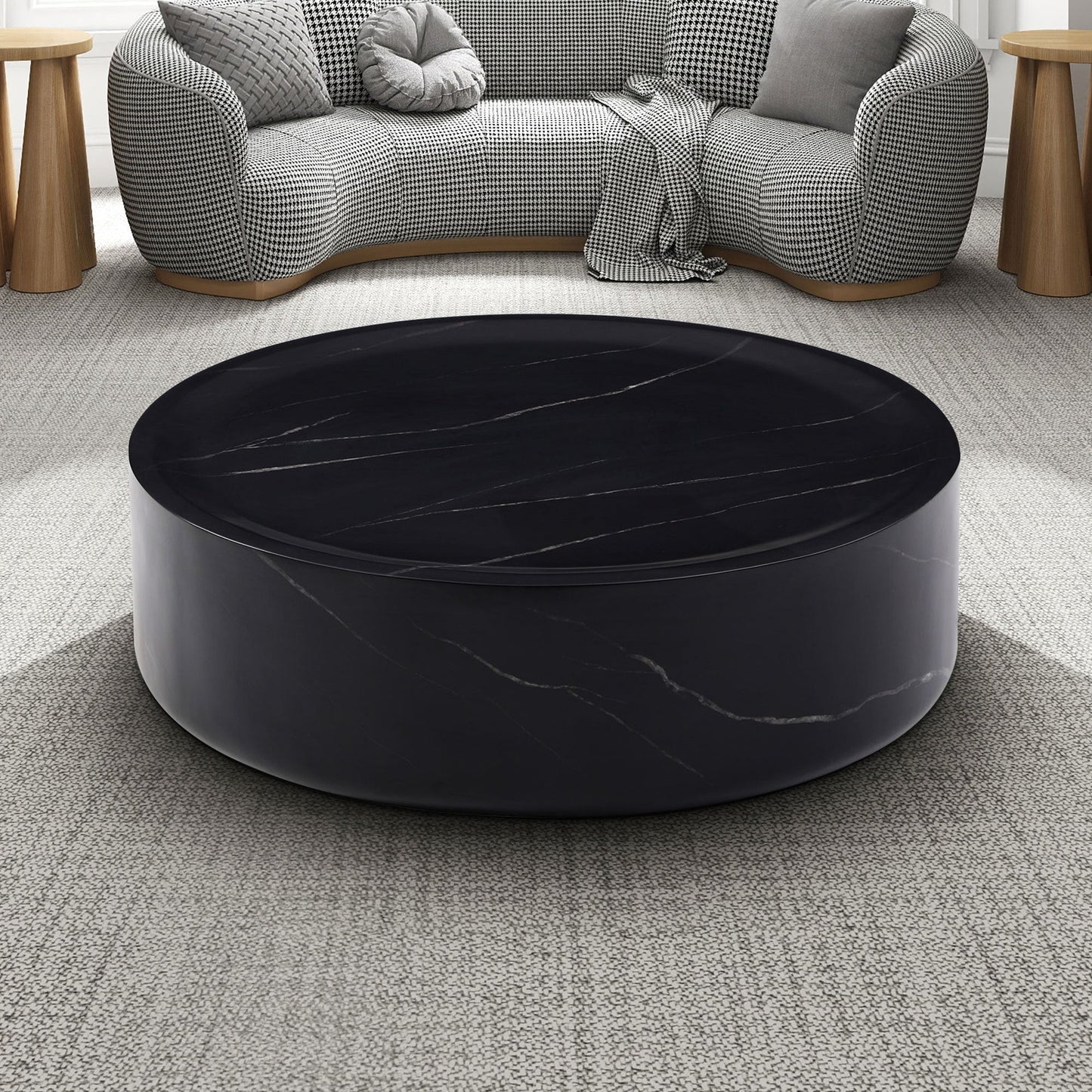 Ianthe 35.43'' Round Faux Marble Coffee Table, Black