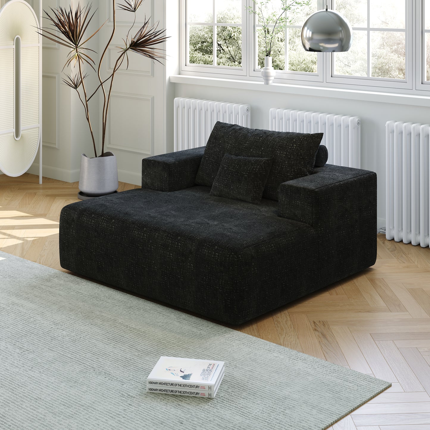 50-inch Chenille Sponge Sofa Lounge Black Fluffy Modern Sleeper Chair