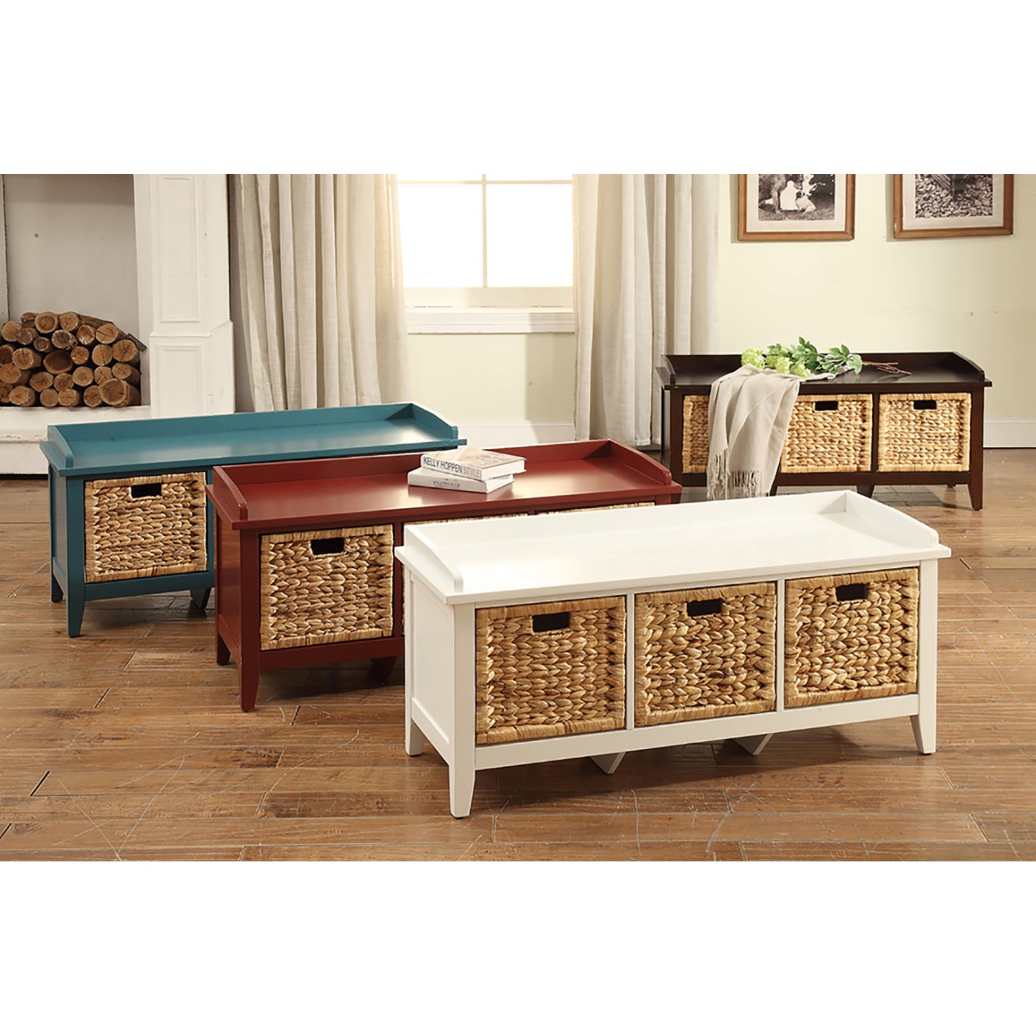 Beige and Teal Bench with 3-Drawer