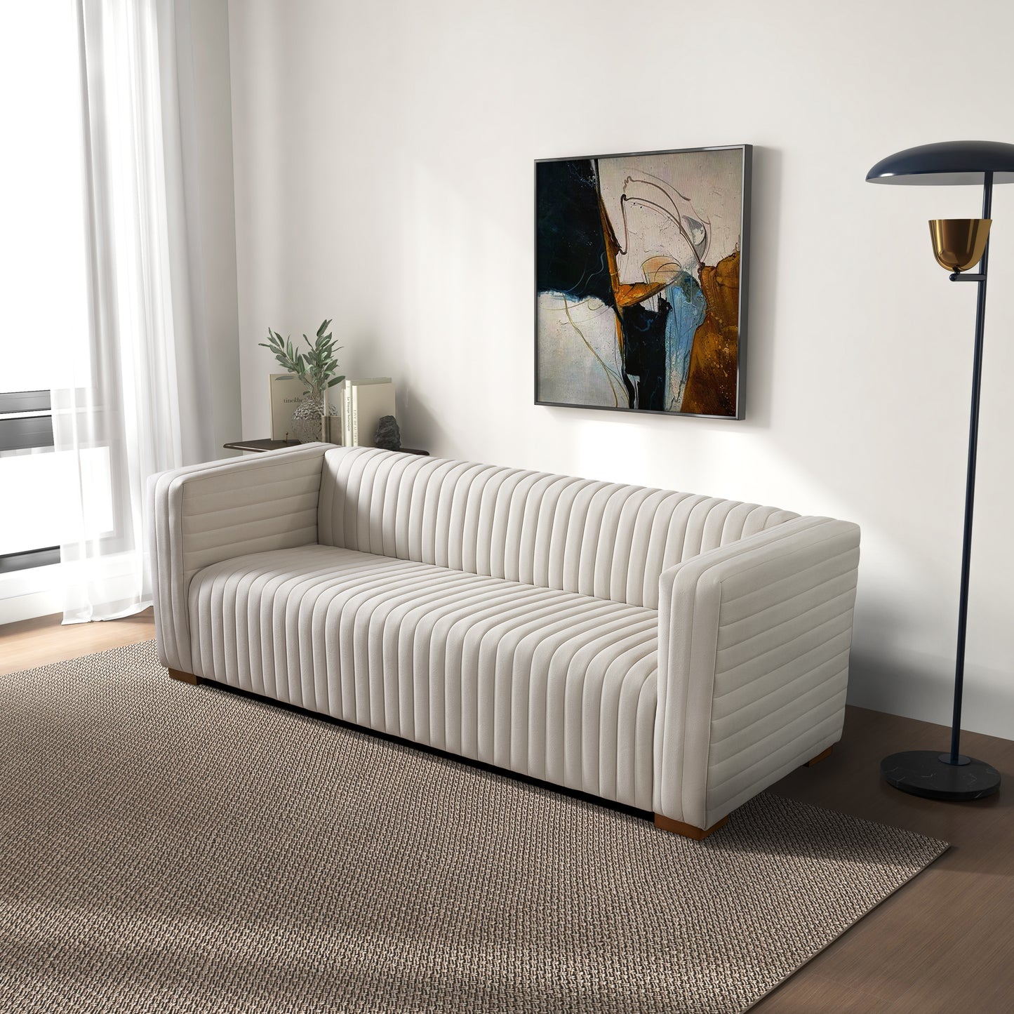 Elara Modern Channel Tufted Velvet Sofa, Cream