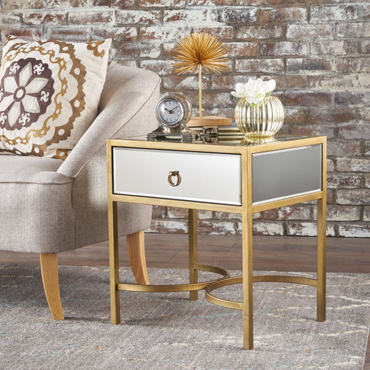 Emery Glam Side Table, Gold & Mirror