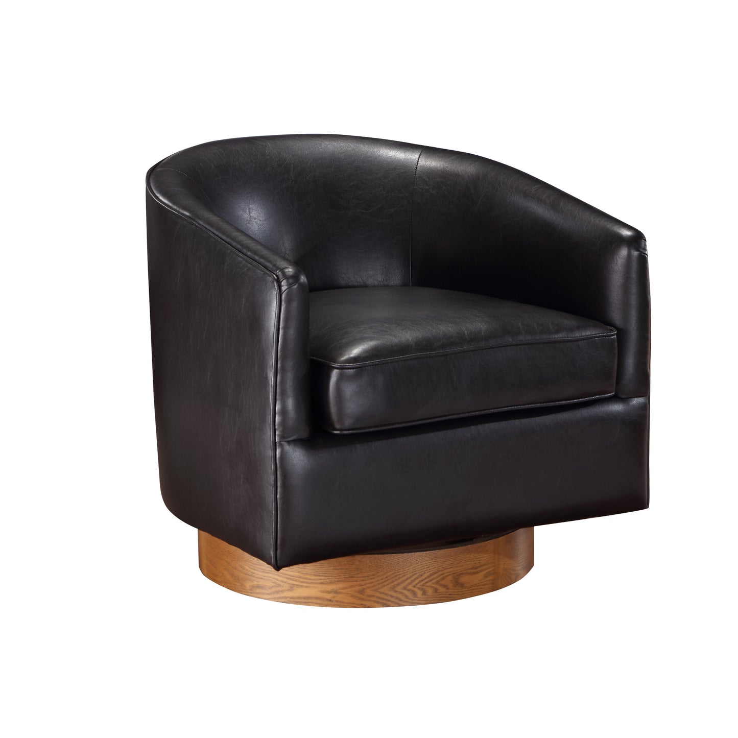 Maisy Brown Faux Leather Wood Base Barrel Swivel Chair