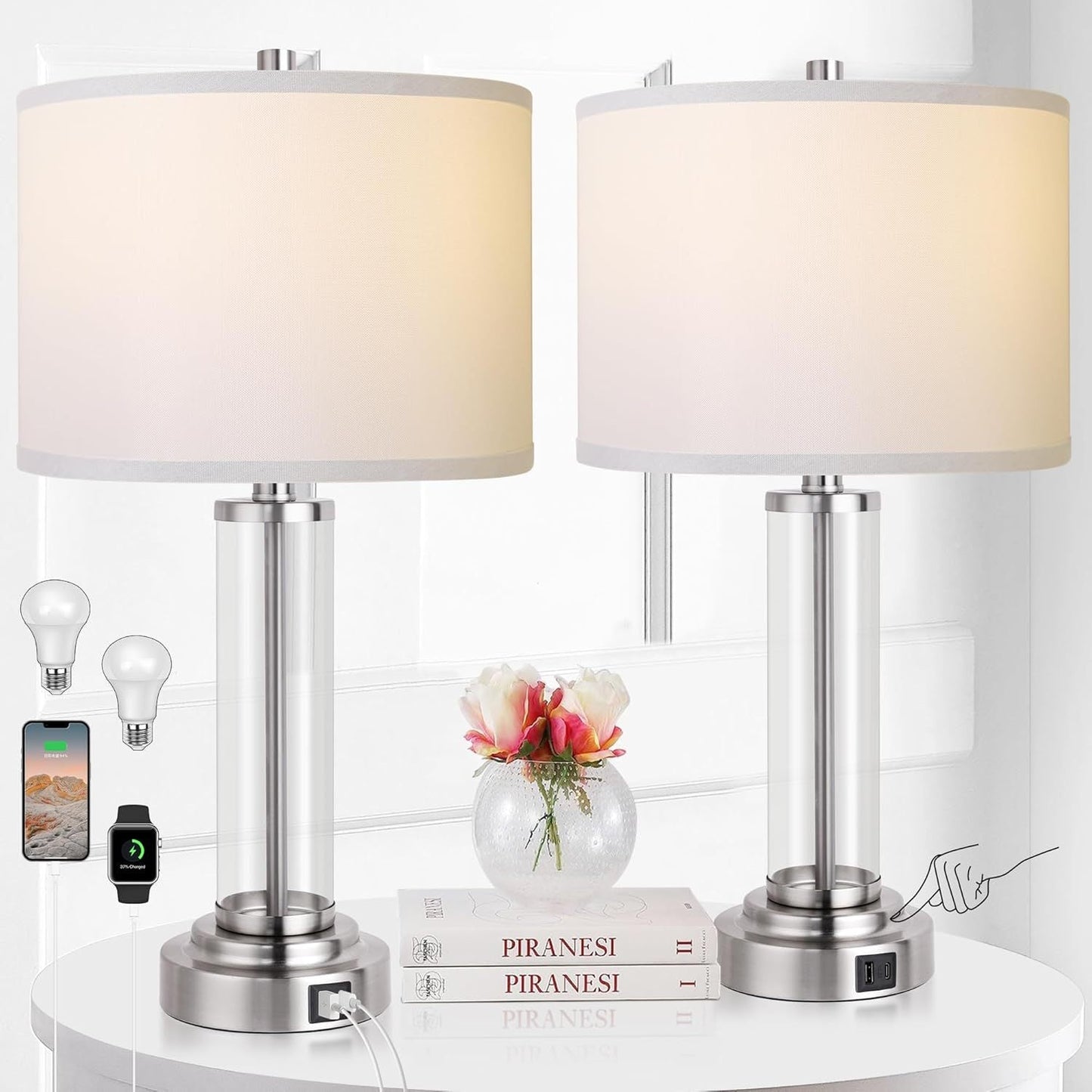 Set of 2 3-Way Dimmable Table Lamps with USB Charging