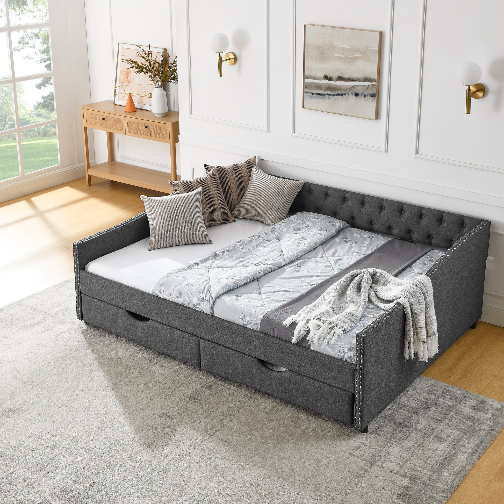 Lior Queen Size Tufted Linen Daybed with Drawers, Gray