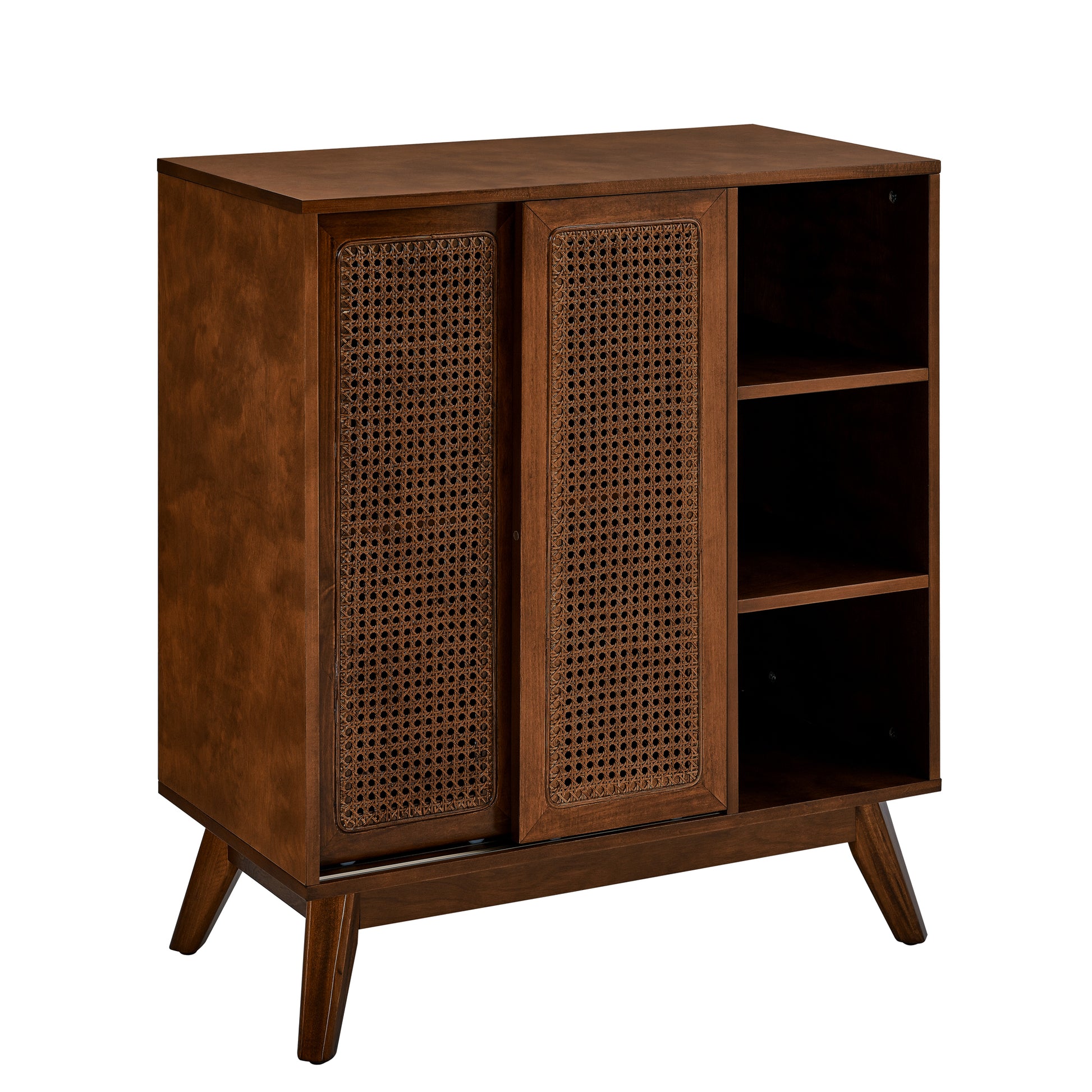 Margot Mid-Century Modern Cabinet in Dark Walnut with Rattan Doors