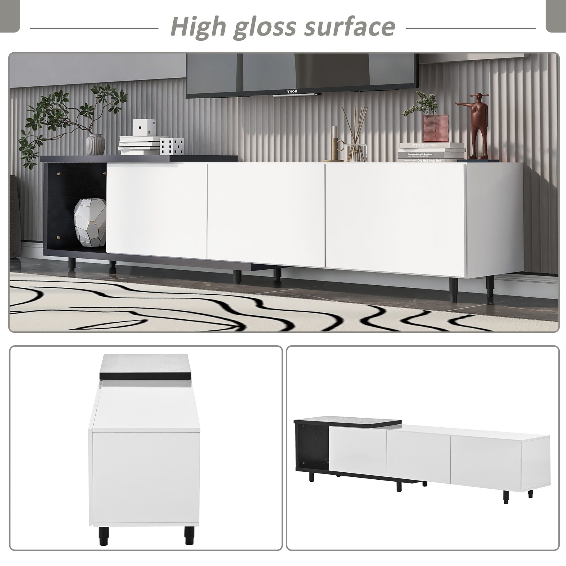 Grover 70' Modern High Gloss TV Stand, White & Black