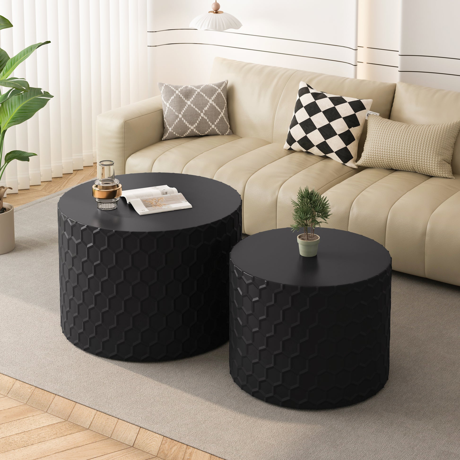 Nessa Modern Honeycomb Design Nesting Tables, Black