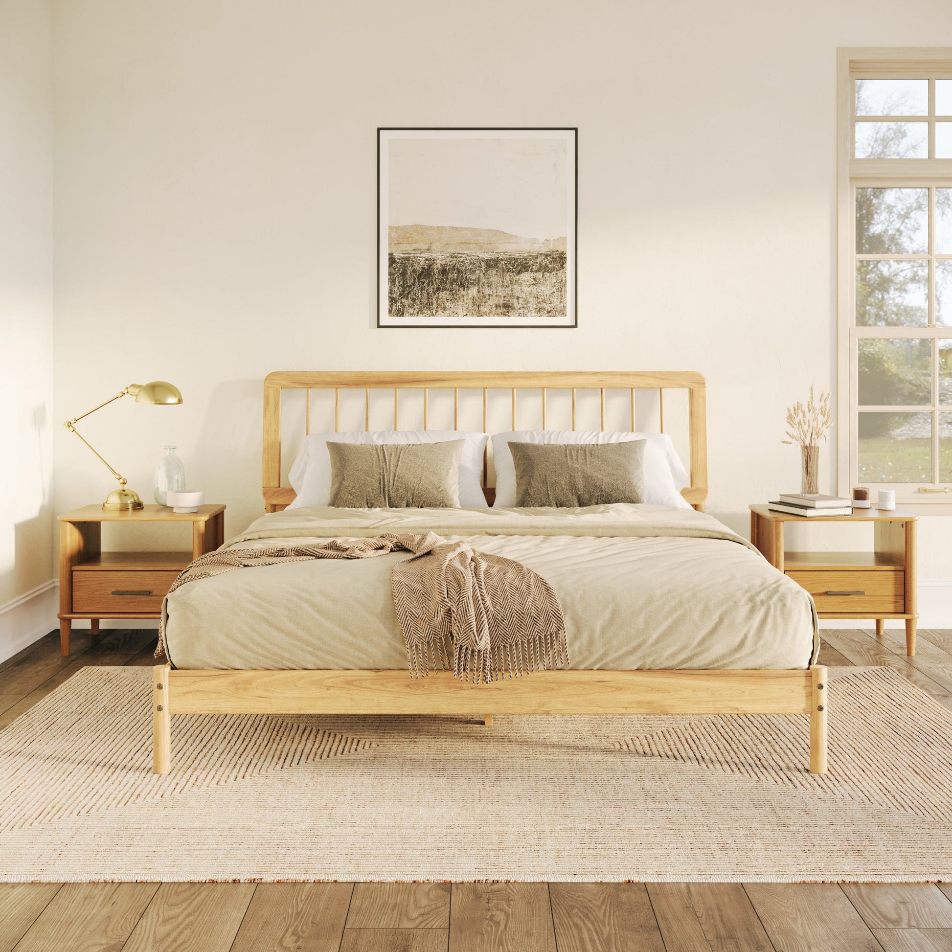 Wyatt Mid-Century Modern Solid Wood King Spindle Bed – Natural Pine