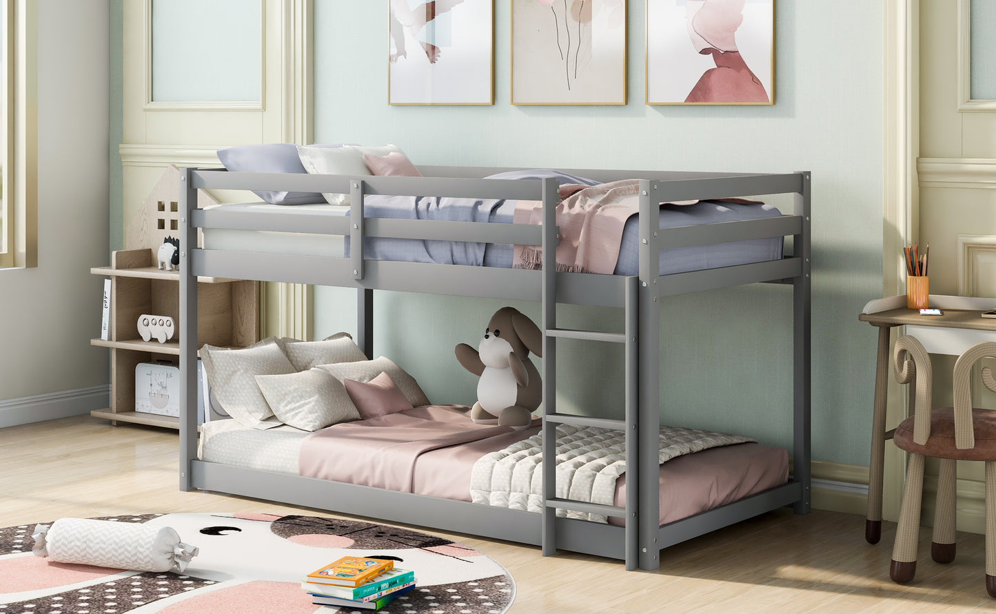 William Twin over Twin Floor Bunk Bed with Ladder , Gray