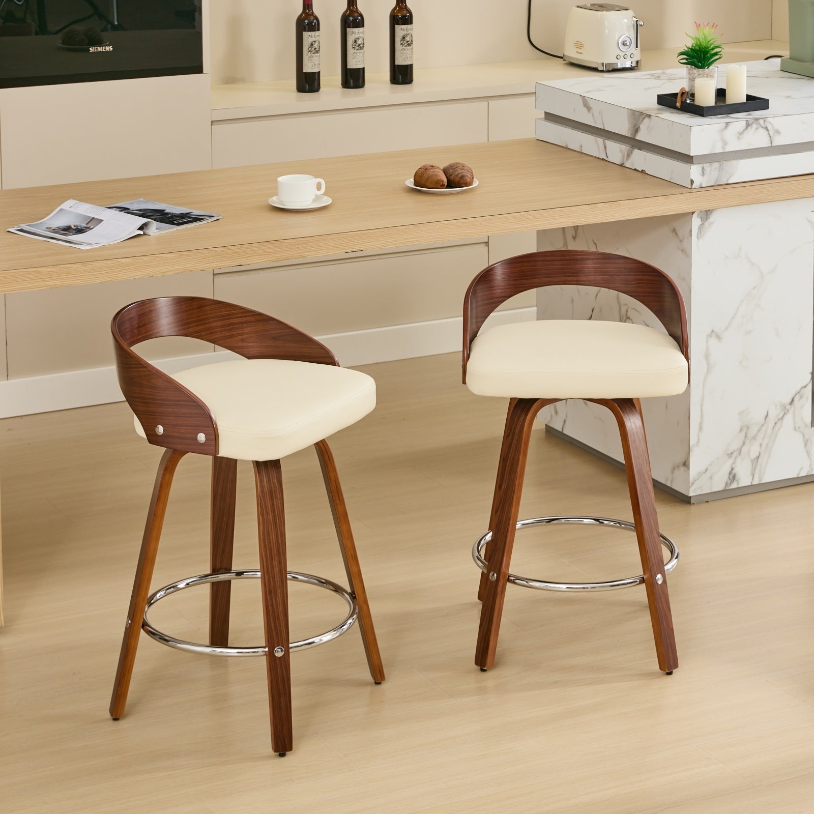 Sienna Beige Swivel Bar Stools with Low Back and Soft Cushion Seat, 25-Inch Height - Set of 2