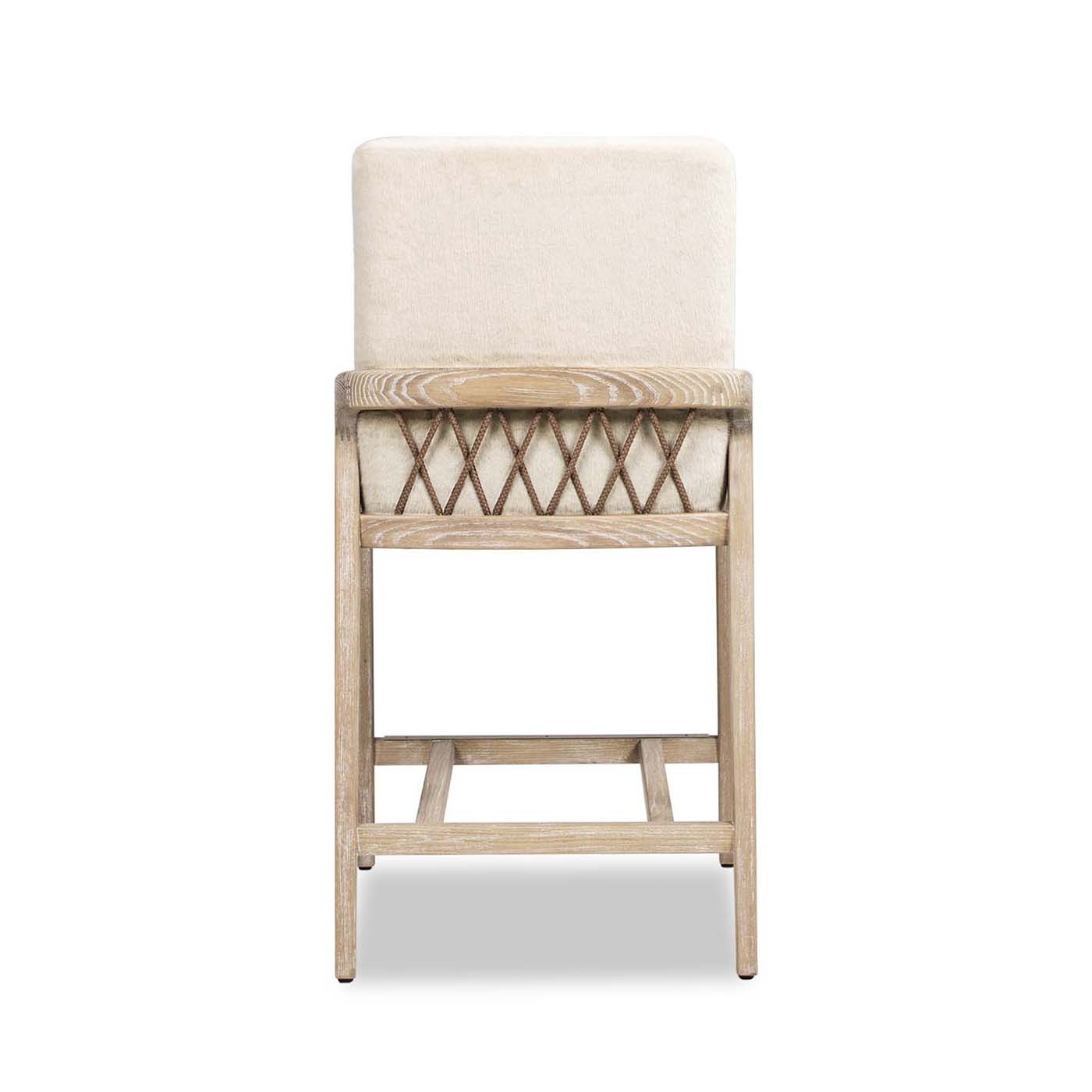 Arizona 25.5' Solid Ash Wood Upholstered Counter Stool with Rope Detail, Crème de la Crème White Faux Fur