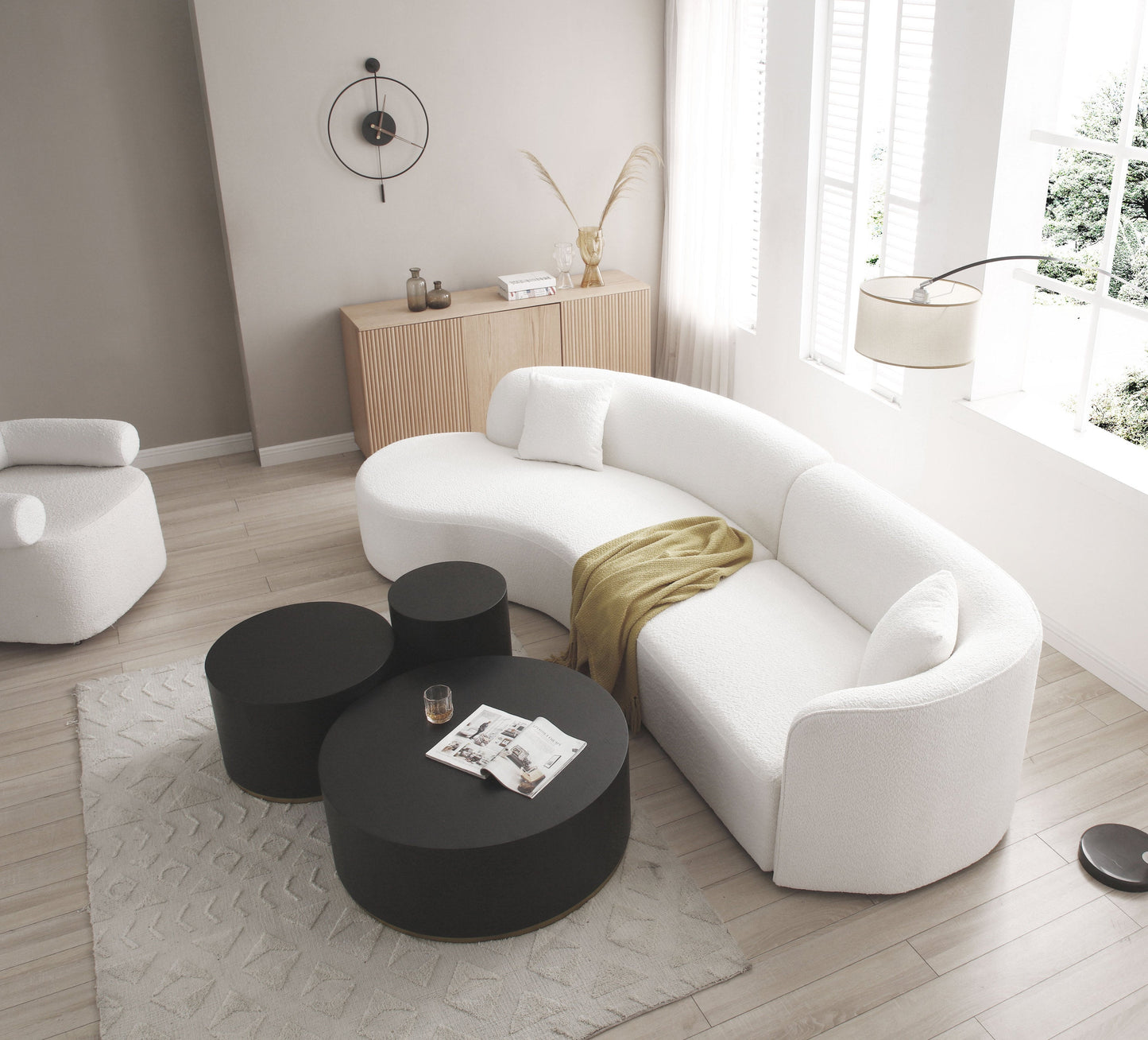 Jove Modern Curved Sectional in White Boucle