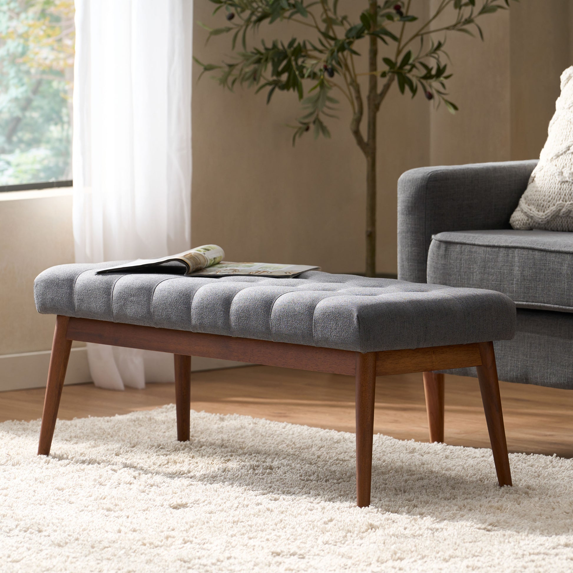 Altman Mid-Century Modern Rectangular Ottoman with Upholstered Top & Walnut Base, Gray