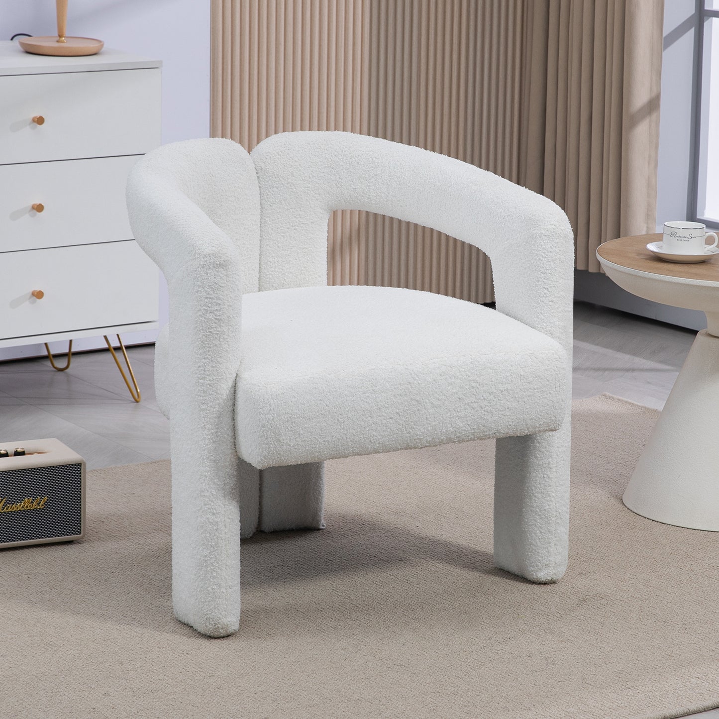 Contemporary Beige Teddy Fabric Dining Chair with Open Back for Dining Room