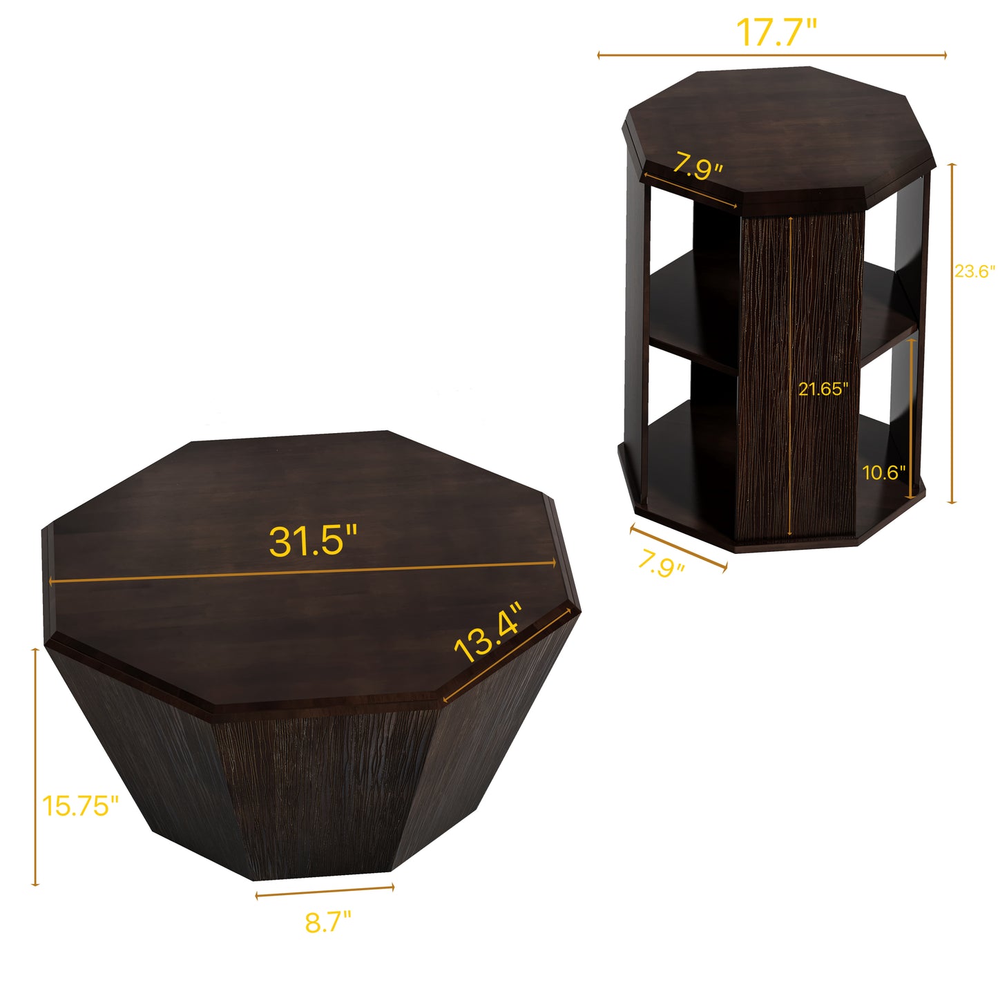 Norman Modern Octagonal Coffee & End Table Set, Dark Walnut