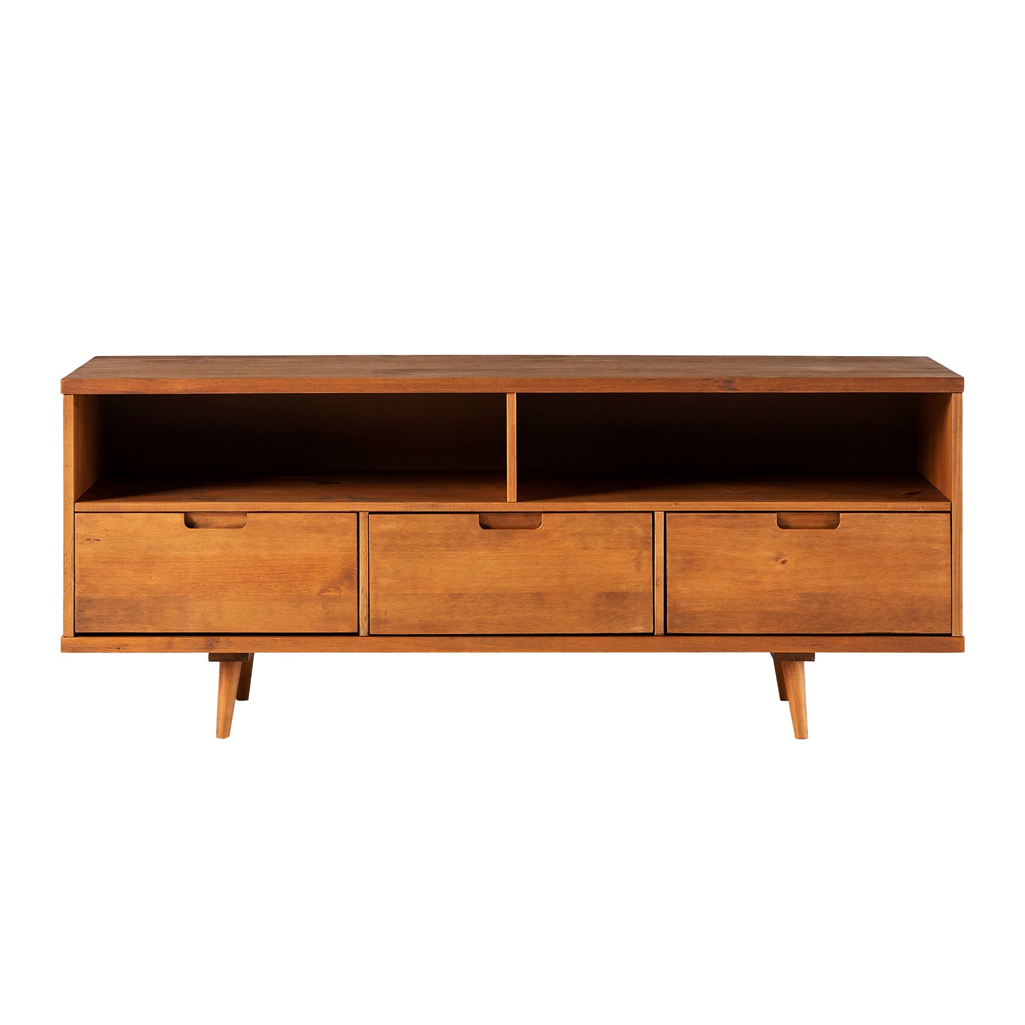 Sylvia Mid-Century Modern Solid Wood 3-Drawer 58" TV Stand for 65" TVs with 2 Open Cubbies - Caramel