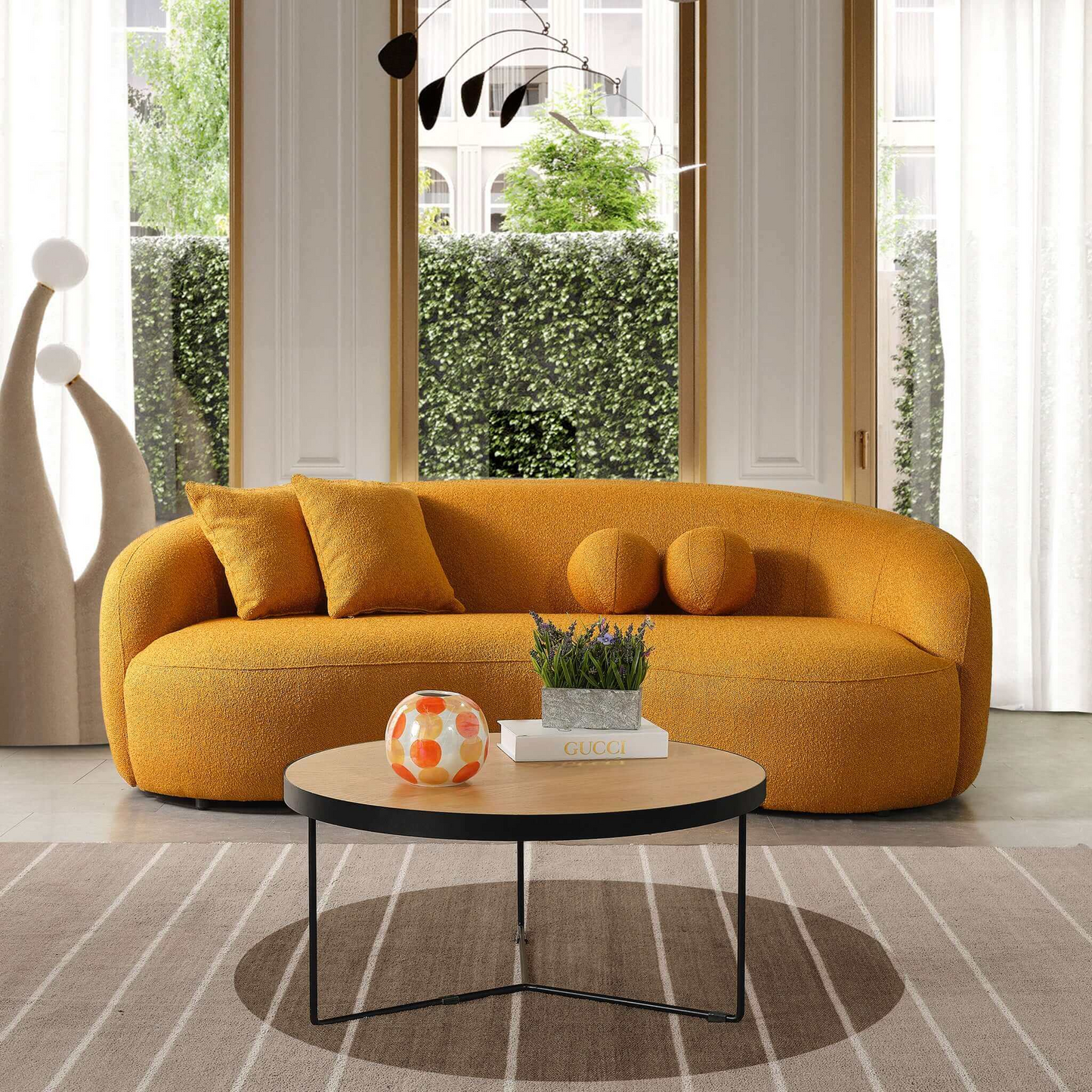 Drake Japandi Style Curvy Boucle Sofa, Yellow