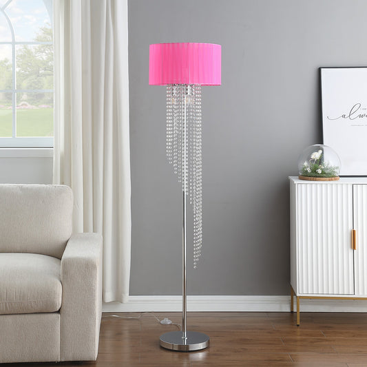 Sheer Hot Pink Drum Shade Rain Crystal Chrome Metal Floor Lamp