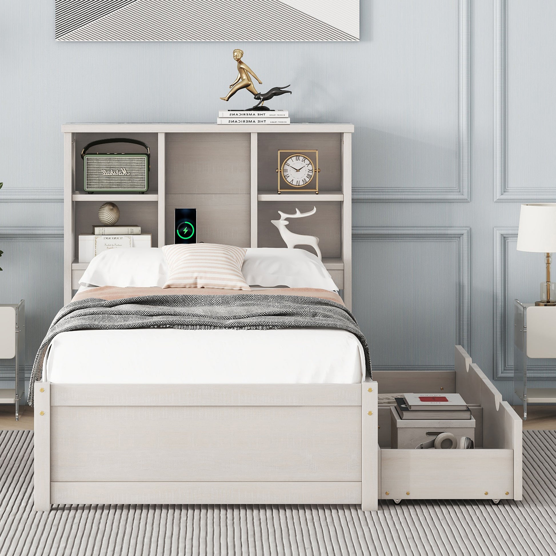 Calies Twin Platform Bed with Bookcase Headboard & Storage Drawers 3 Colors