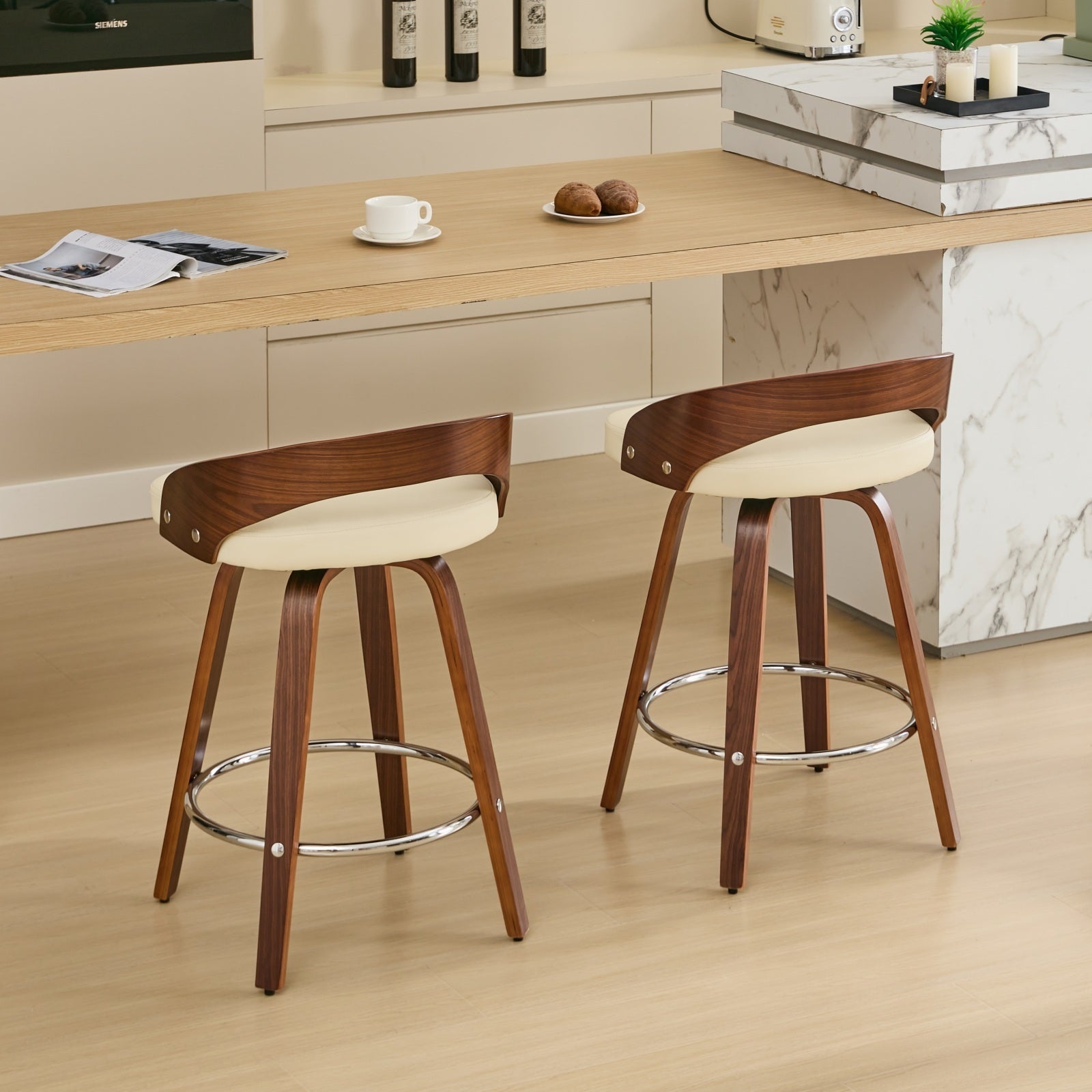 Sienna Beige Swivel Bar Stools with Low Back and Soft Cushion Seat, 25-Inch Height - Set of 2