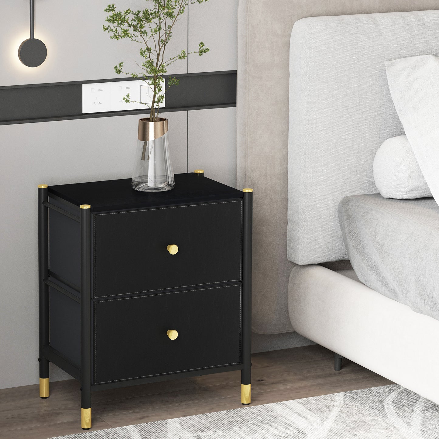 Sawyer 2-Drawer Nightstand with PU Leather Drawer Fronts, Black