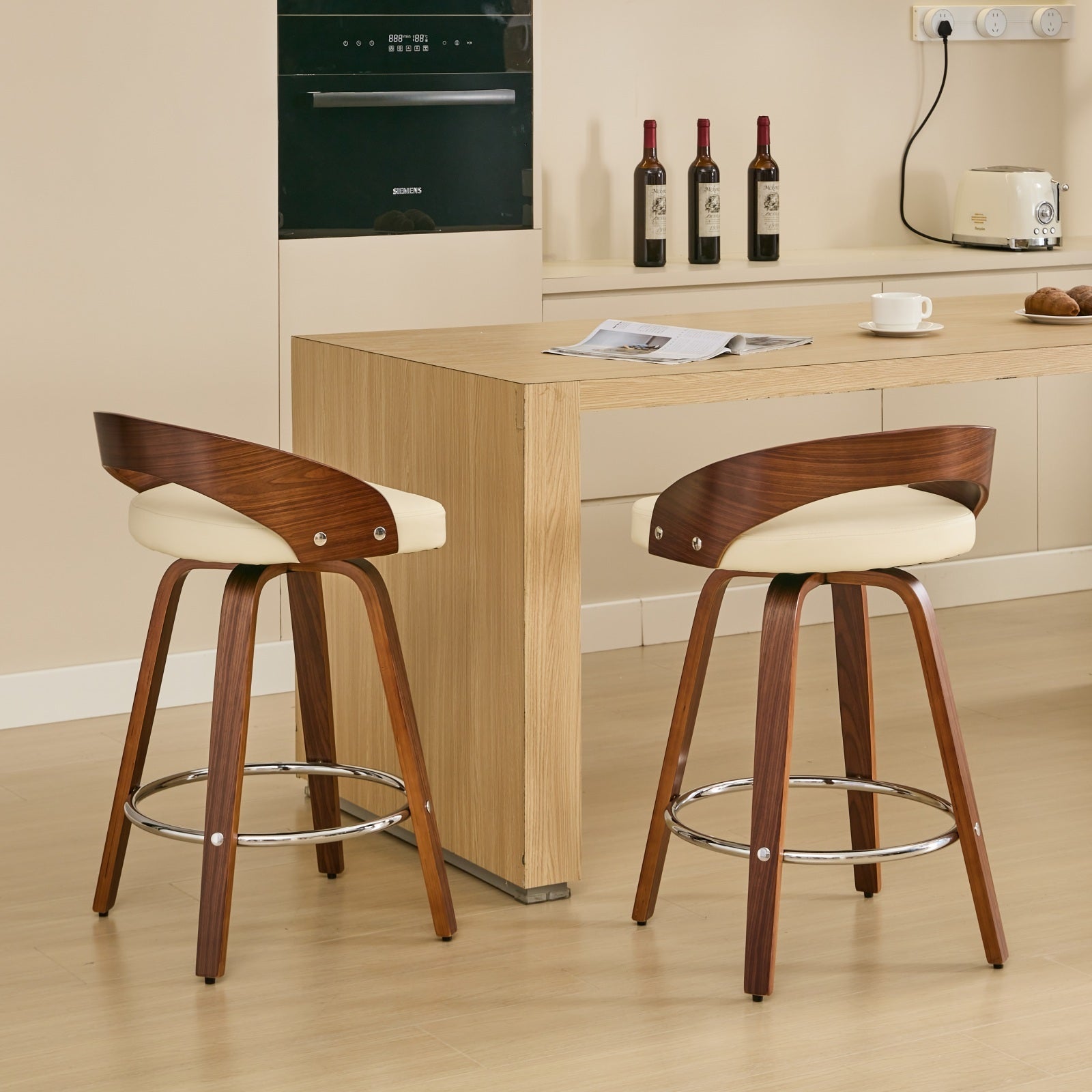 Sienna Beige Swivel Bar Stools with Low Back and Soft Cushion Seat, 25-Inch Height - Set of 2