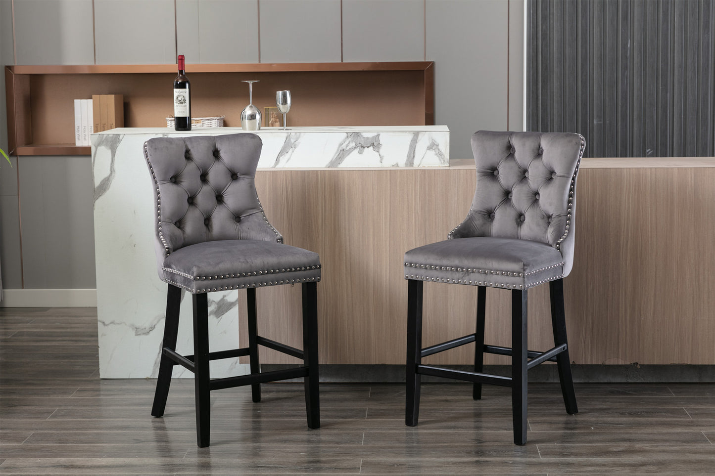 Nella 26" Velvet Counter Height Bar Stools with Black Legs Set of 2 Gray