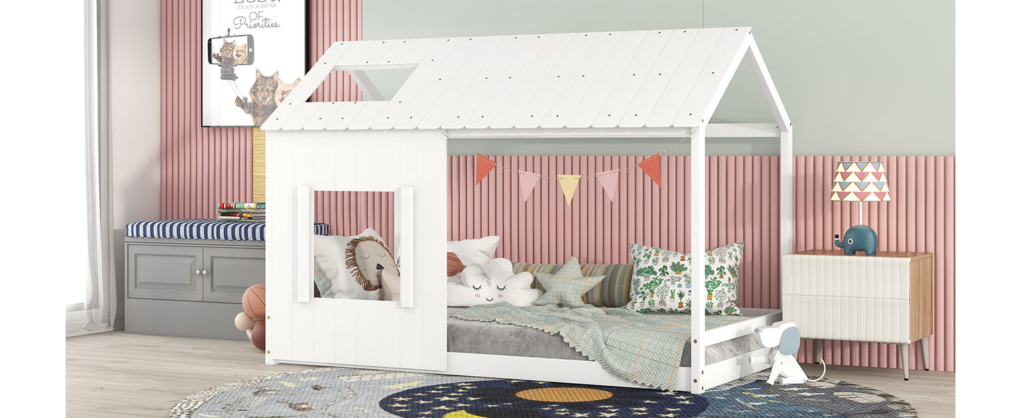 Twin Size House Bed with Roof and Window - White Old SKU: WF296897AAK