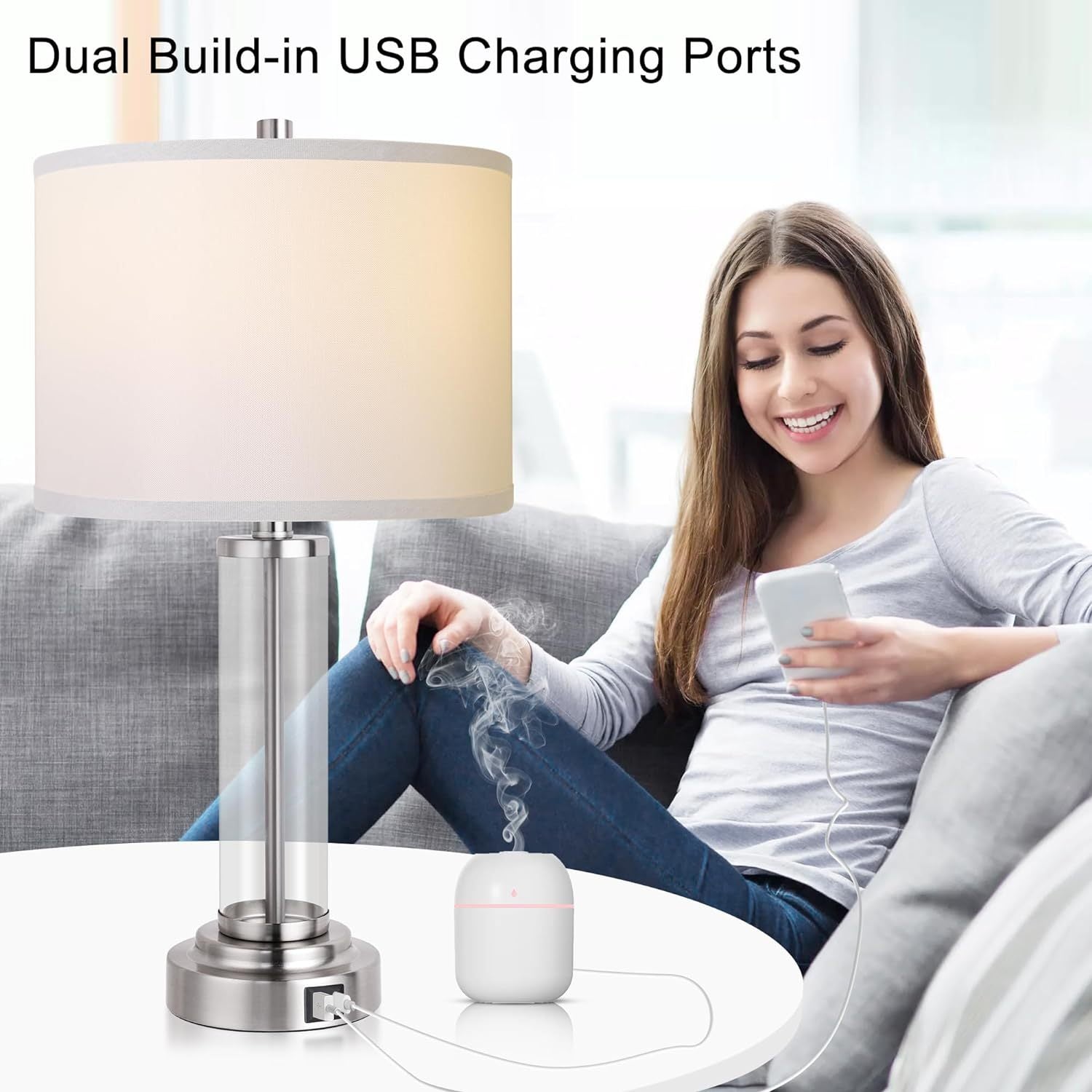 Set of 2 3-Way Dimmable Table Lamps with USB Charging