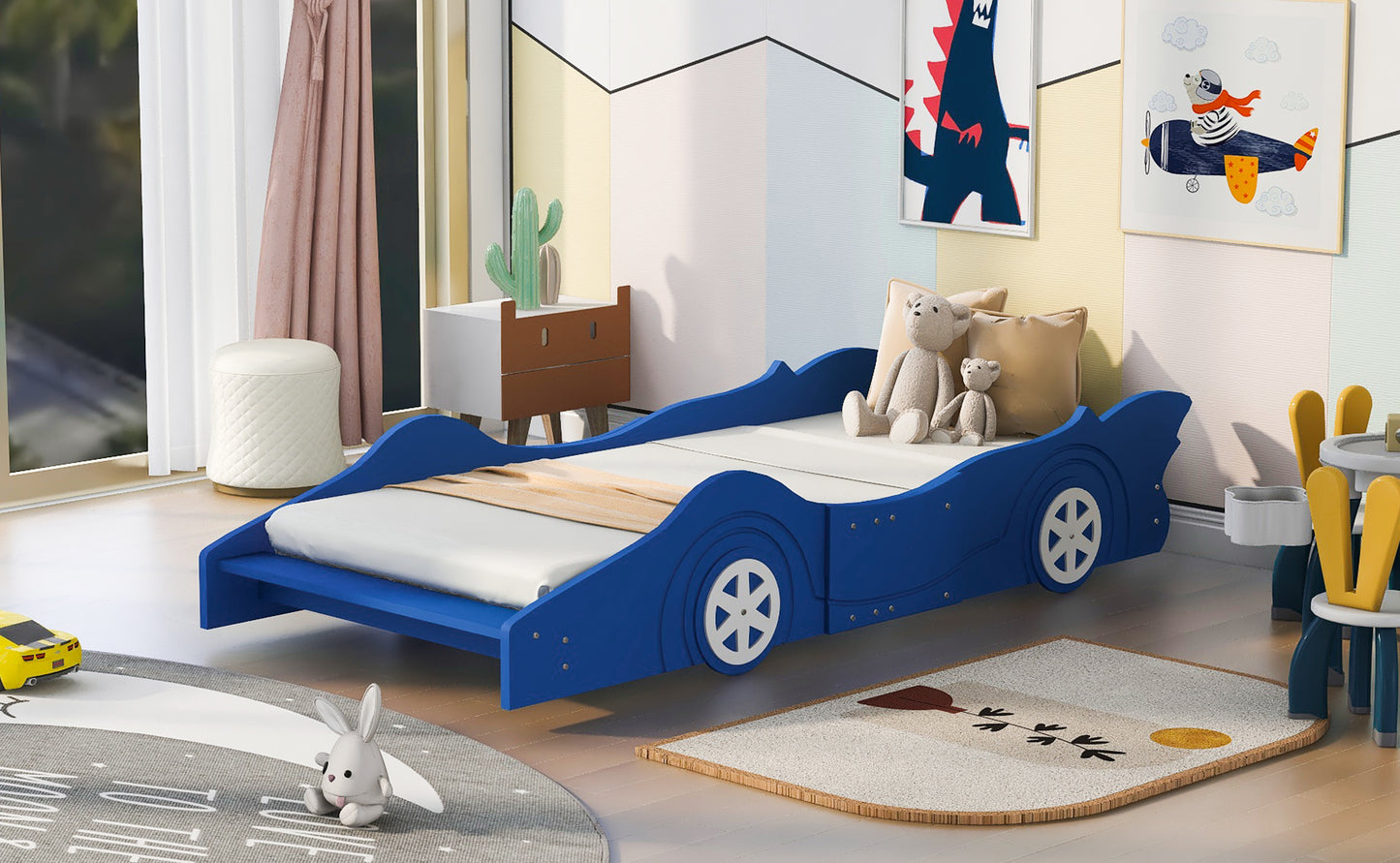 Bart Twin Size Race Car-Shaped Platform Bed with Wheels,Blue