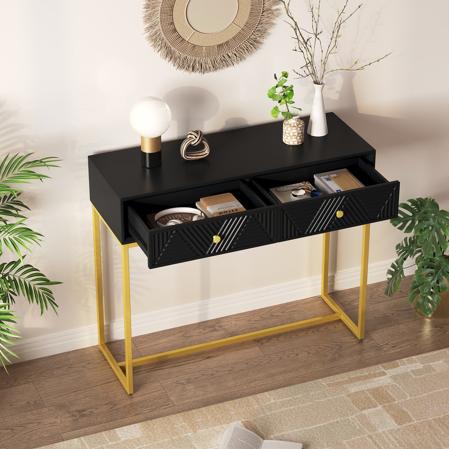 Jessalyn Modern 2-Drawer Console Table with Gold Legs, Black