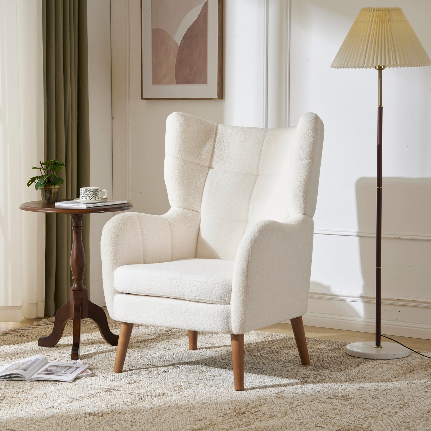 Calista Ivory White Teddy Fabric Mid-Century Accent Chair