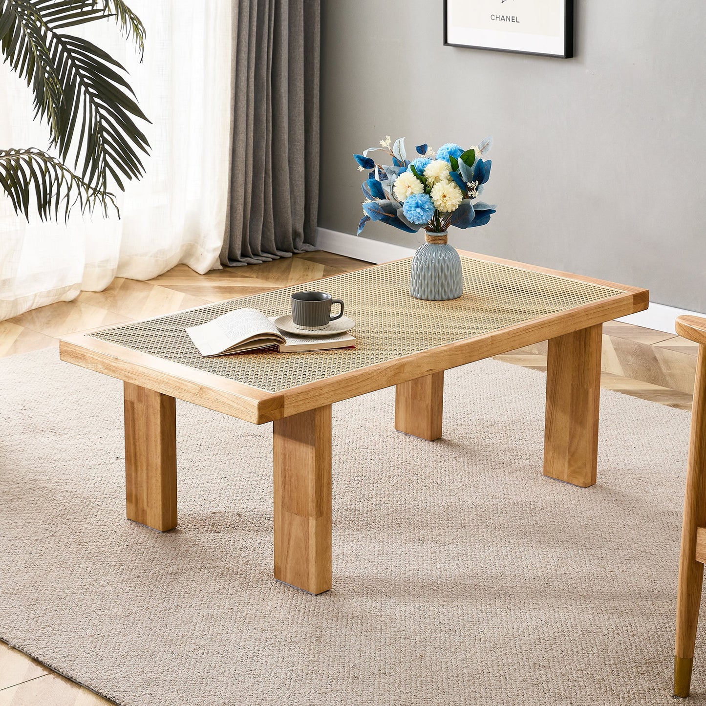 Brent Natural Finish Coffee Table with Rattan Top