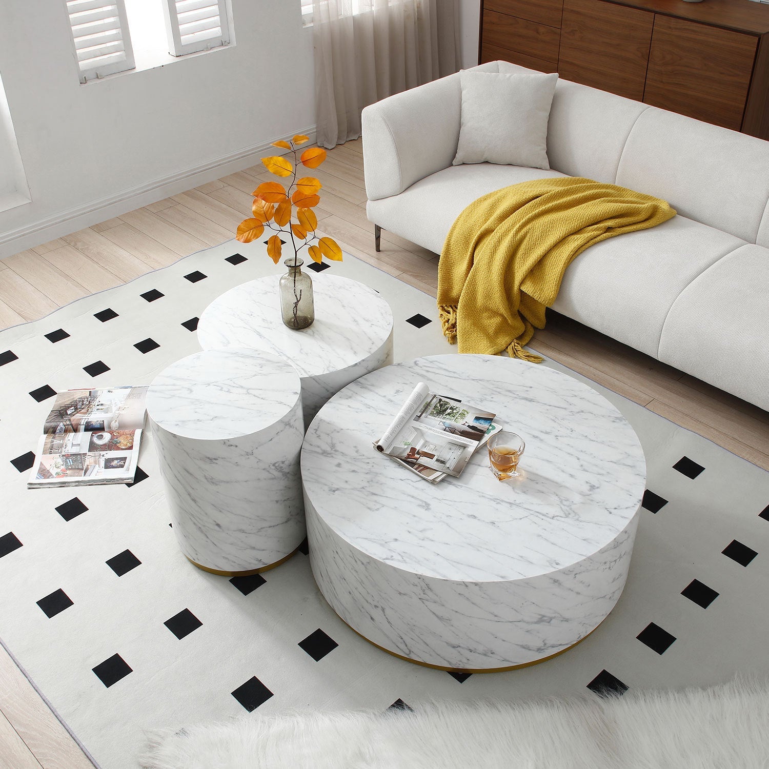 Esme Modern Round Faux Marble Coffee Table with Gold Base, White