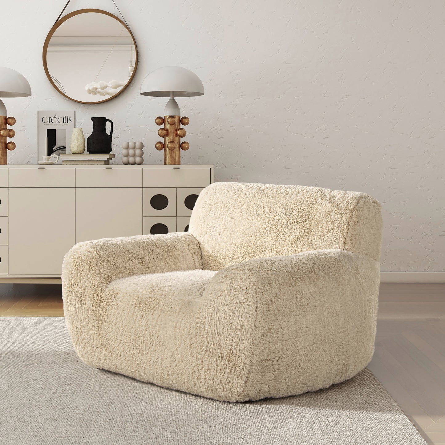 Summit 49' Faux Sheepskin Overstuffed Arm Chair, Cream Beige Faux Fur