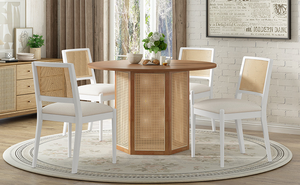 Camden 5-Piece Rattan Round Dining Table Set, White. & Beige