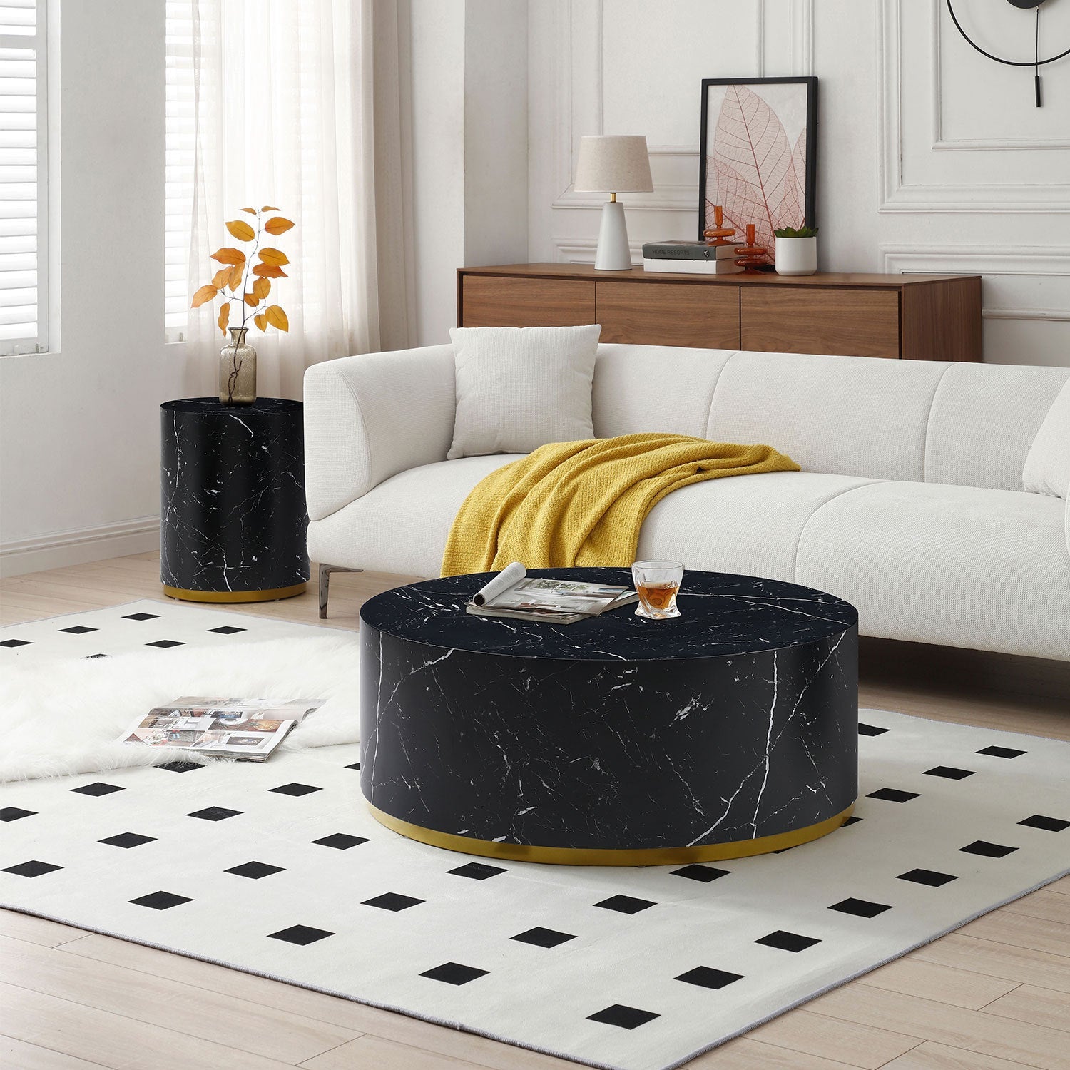 Esme Modern Round Faux Marble Coffee Table with Gold Base, Black