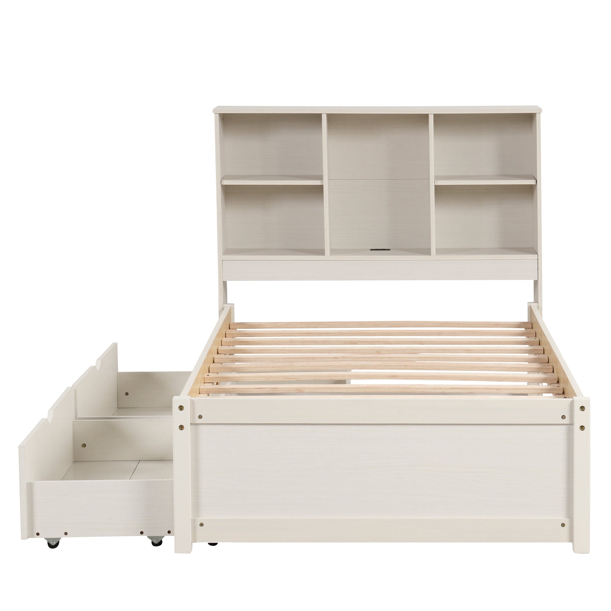 Emberly Modern Twin Size Bed Platform Bed with Bookcase Headboard & Trundle