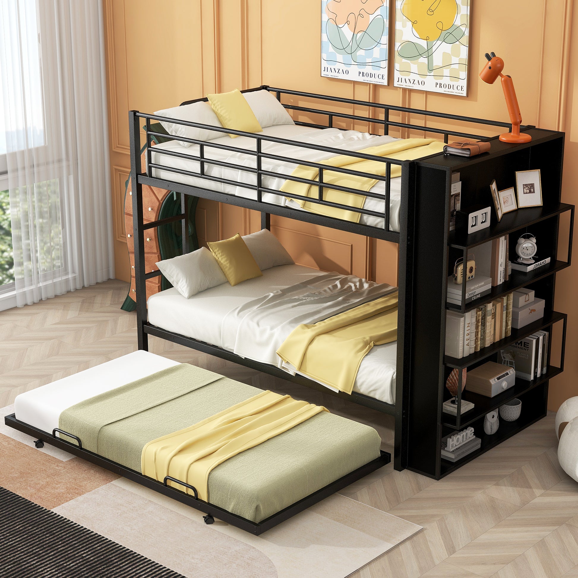 Lauren Twin Bunk Bed with Trundle & Bookcase, Black