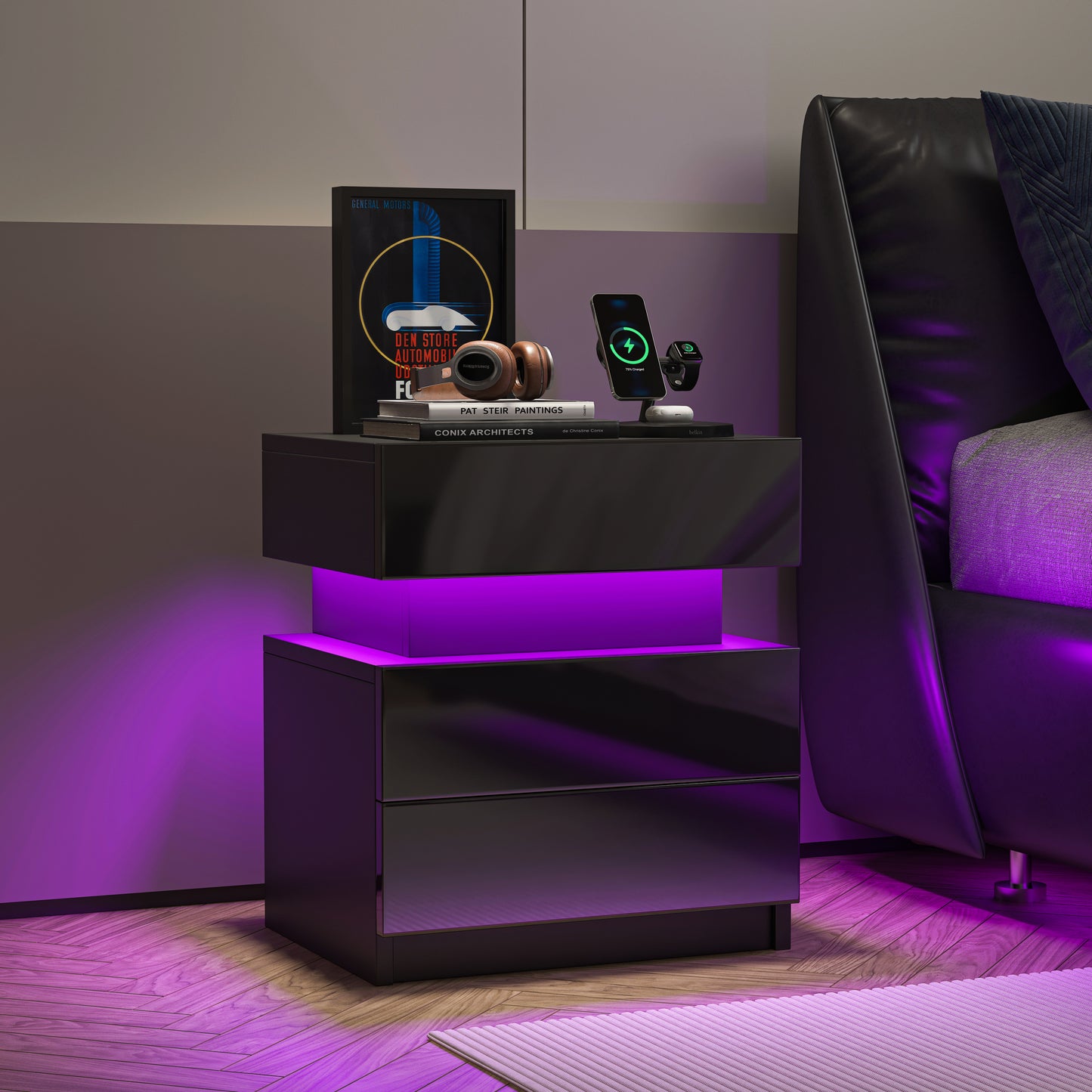 Aspen Modern Black High Gloss Nightstand with LED