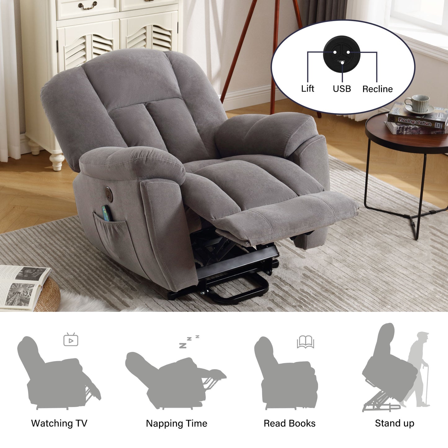 Yara Power Lift Recliner with Infinite Position, Heat, & Massage, Gray