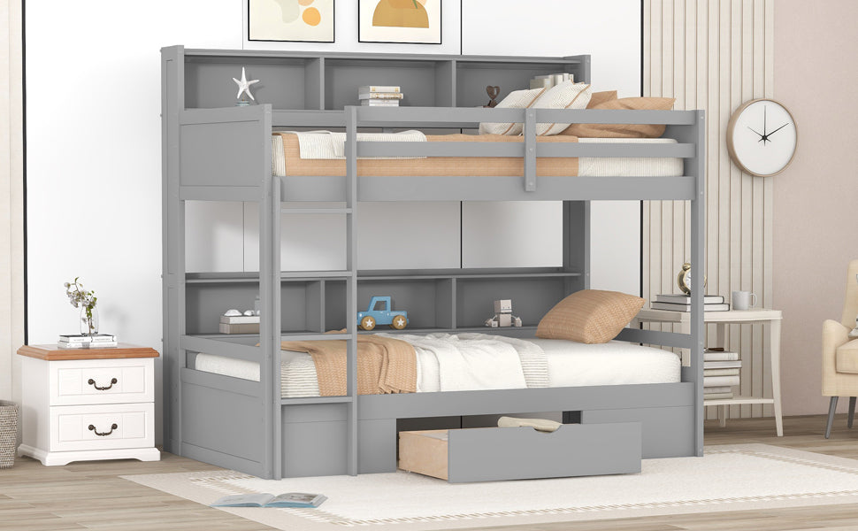 Harris Twin Size Bunk Bed with Built-in Shelves, Gray