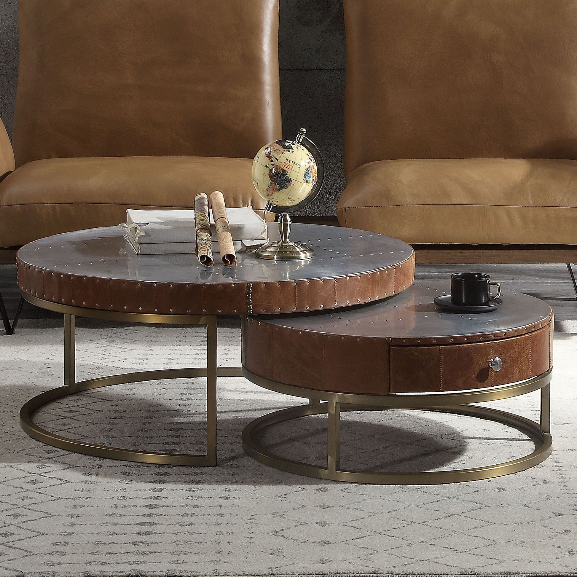 Aluminum and Cocoa Drum Coffee Table