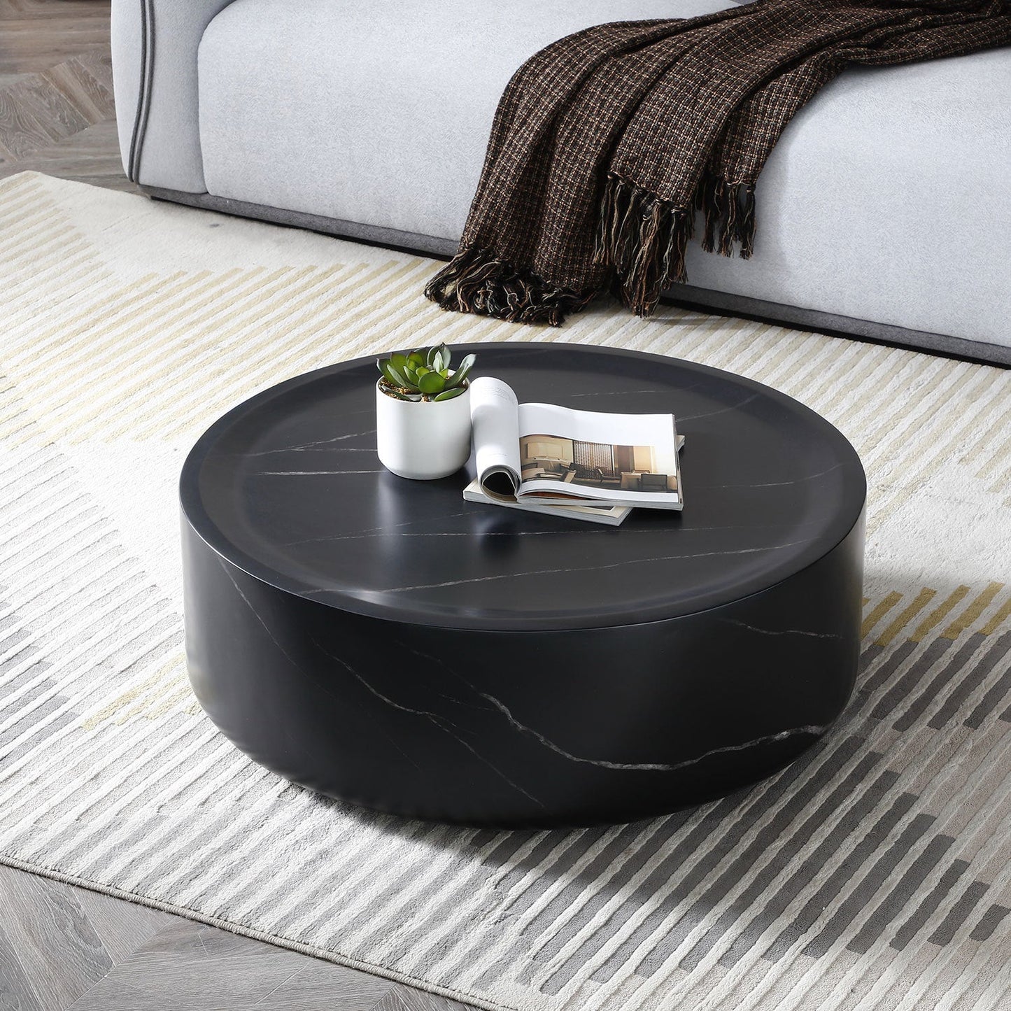 Ianthe 35.43'' Round Faux Marble Coffee Table, Black