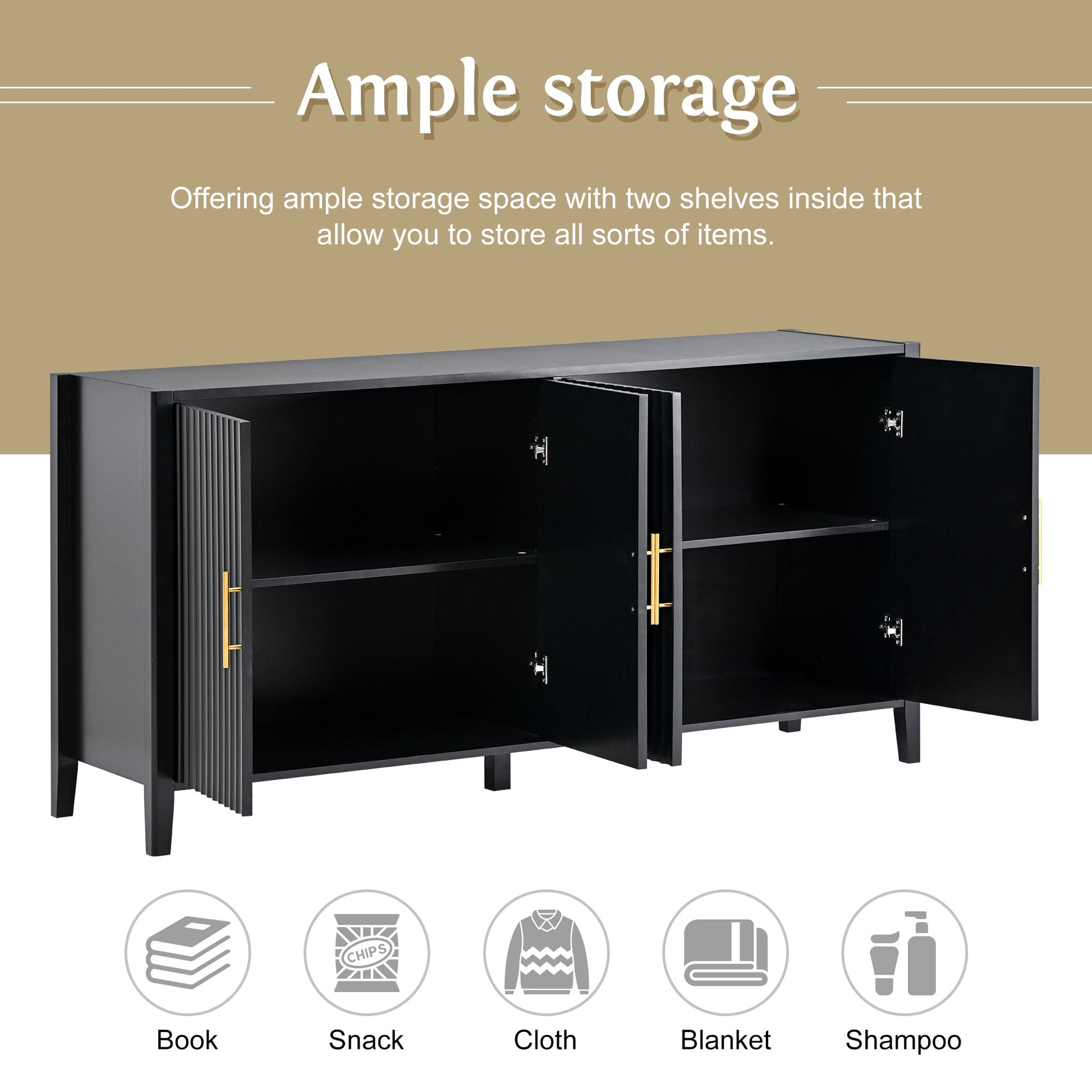 Ulric II Modern 4-Door Accent Cabinet with Gold Handle, Black